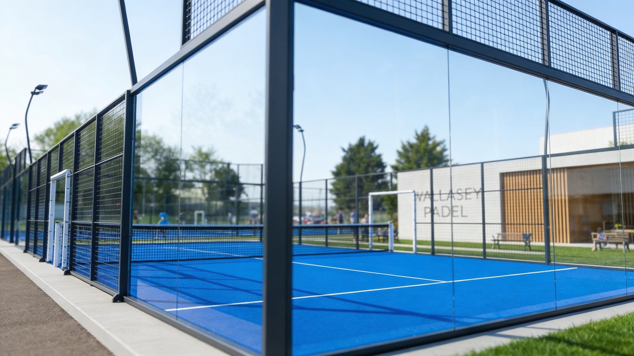 Close-up courtside view through the glass wall of a padel court showing the blue playing surface